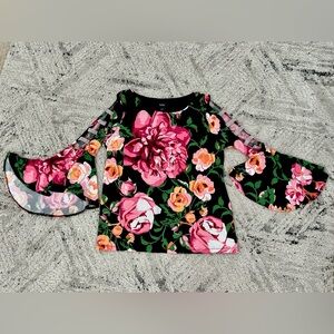 MSK Pink and Orange Floral Ruffled Blouse with Rhinestones Women Size XL